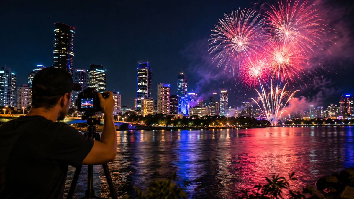 Taking Photos of Riverfire Fireworks over the Brisbane Skyline.